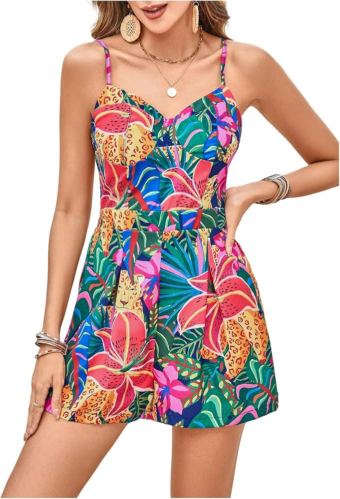 SweatyRocks Women's Tropical Romper Floral Print Wide Leg Summer Rompers | Amazon (US)