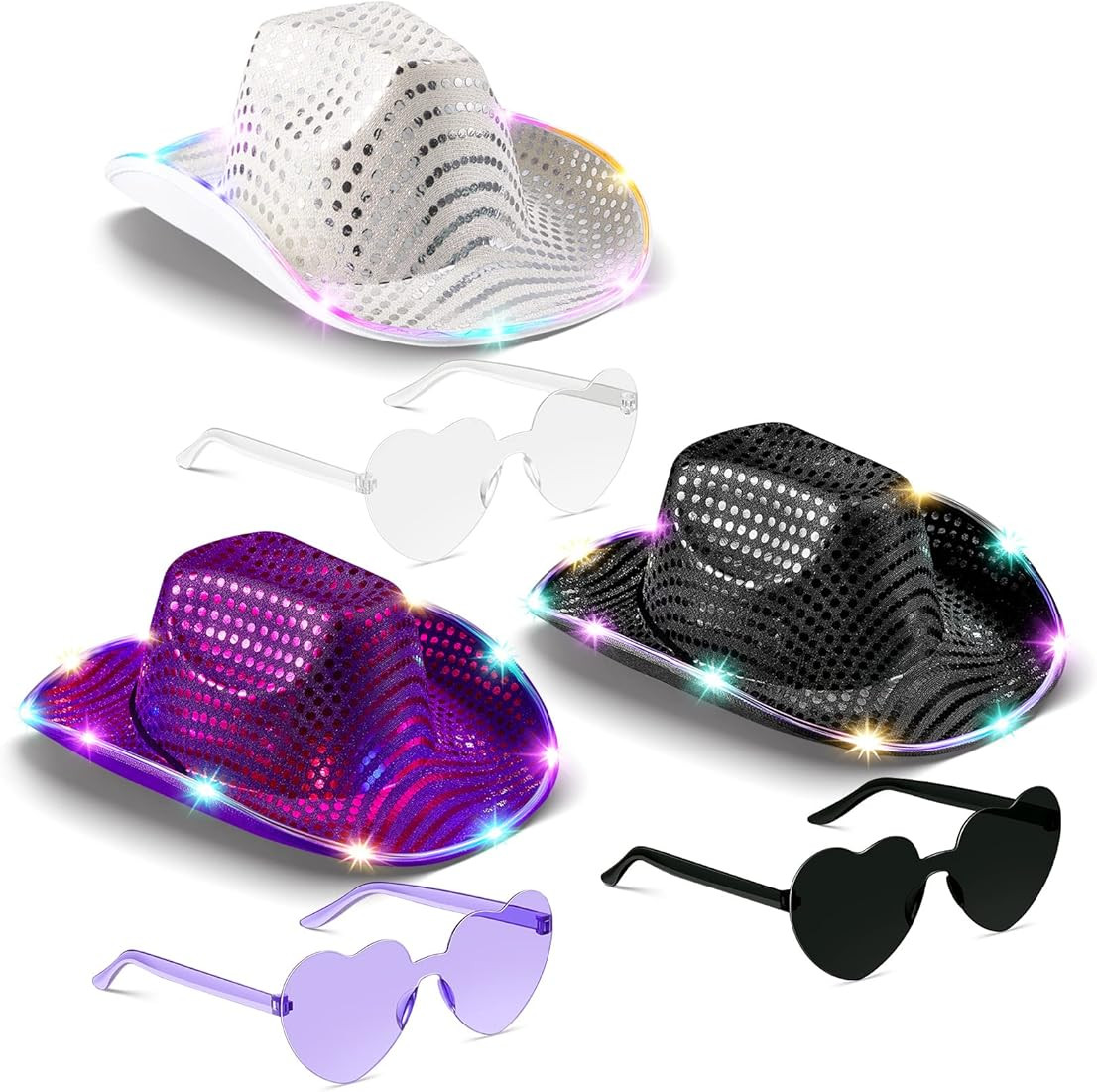 6 Pcs LED Cowboy Hat Women Light Up Space Cowgirl Cowboy Hat with Heart Glasses for Disco Hallowe... | Amazon (US)