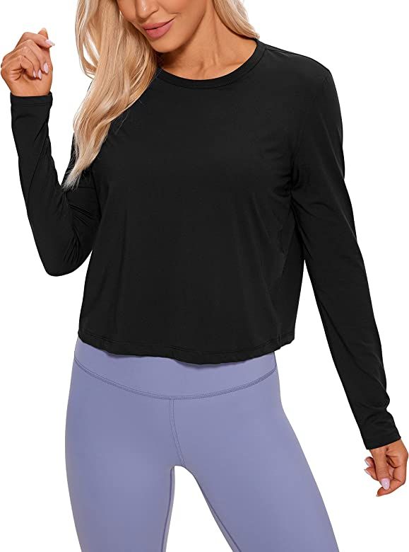 CRZ YOGA Pima Cotton Long Sleeve Workout Shirts for Women Loose Cropped Tops Athletic Sports T-Shirt | Amazon (US)