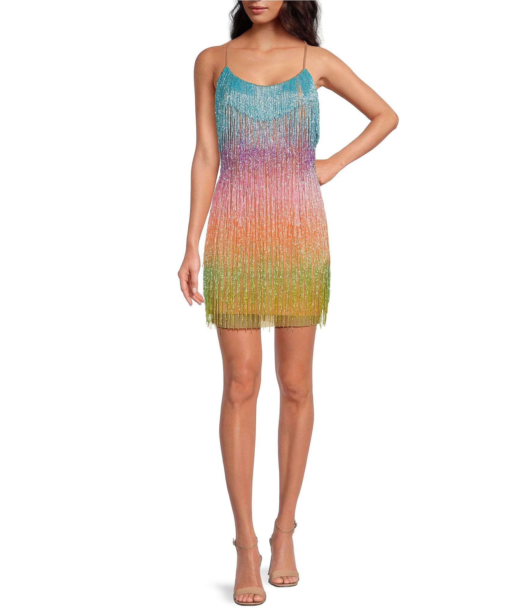 Rainbow Beaded Fringe Scoop Neck Sleeveless Mini Dress | Dillard's