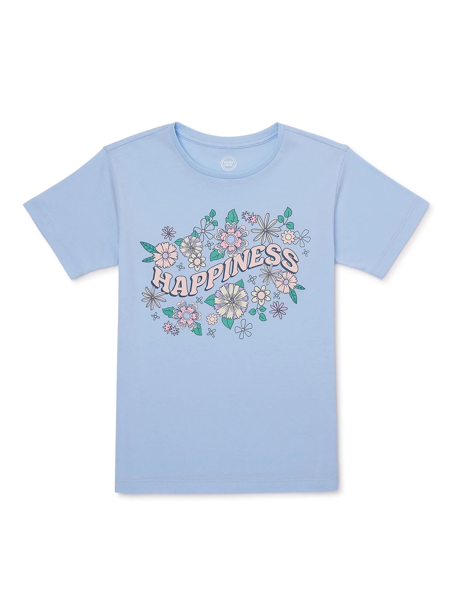 Wonder Nation Girls Floral Happiness, Crew Neck, Short Sleeve, Graphic T-Shirt, Sizes 4-18 - Walm... | Walmart (US)