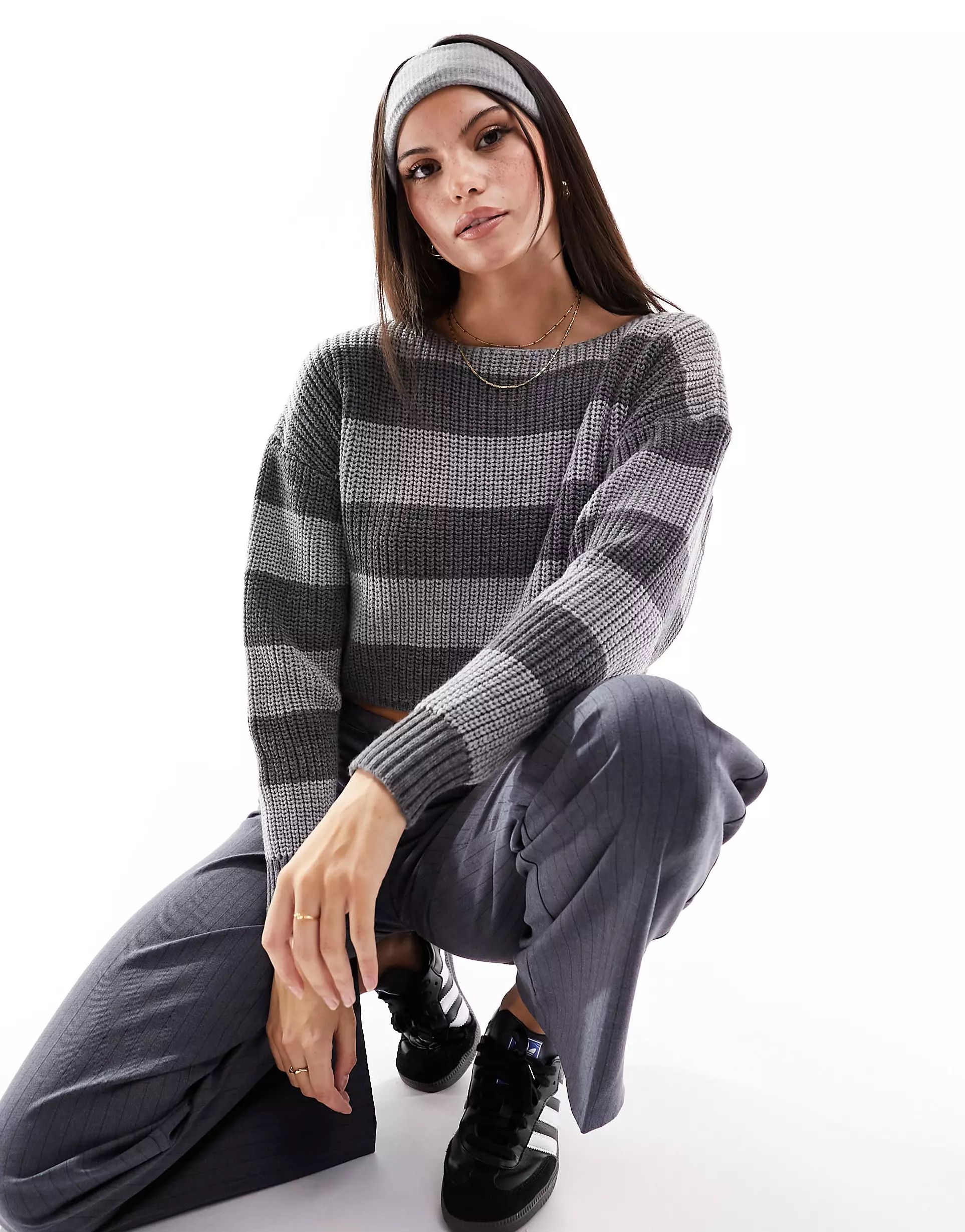 Stradivarius STR slouchy knit sweater in gray stripe | ASOS (Global)