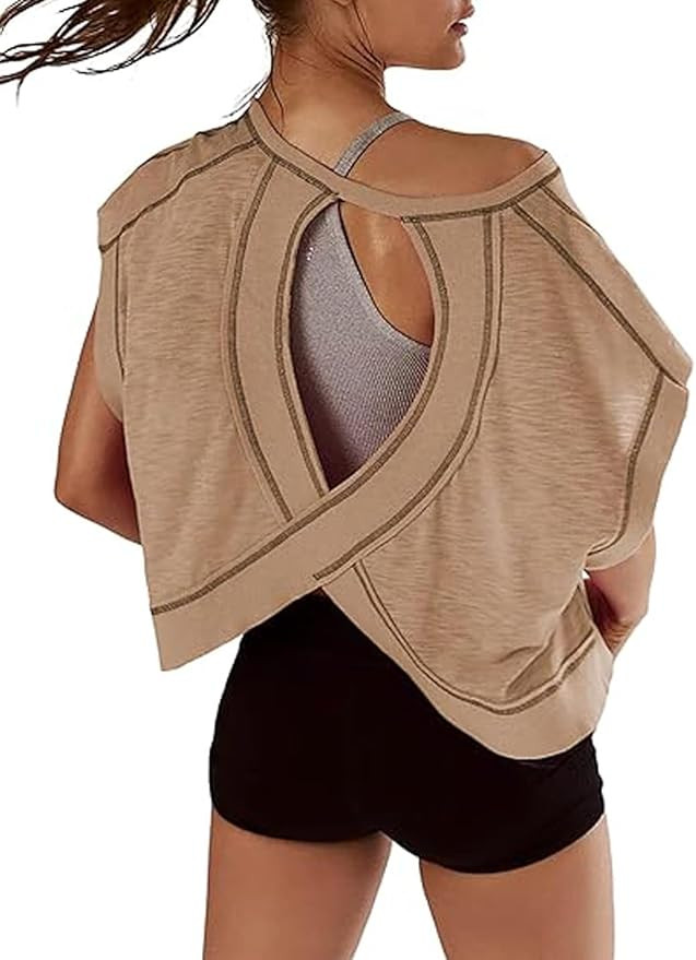 Womens Open Back Short Sleeve Workout Tops Backless Athletic T Shirts Yoga Y2k Crop Running Tees | Amazon (US)