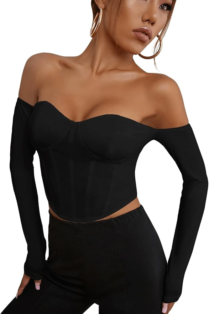 Floerns Women's Off The Shoulder Long Sleeve Bustier Crop Top T Shirt | Amazon (US)