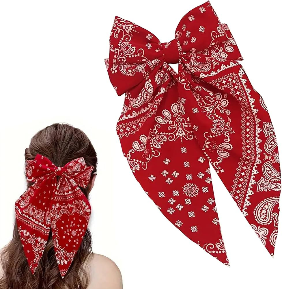 Large Red Bandana Bow Hair Clip for Women, 14.6 x 7.9 Red Paisley Bandana Hair Clip for Ponytails... | Amazon (US)