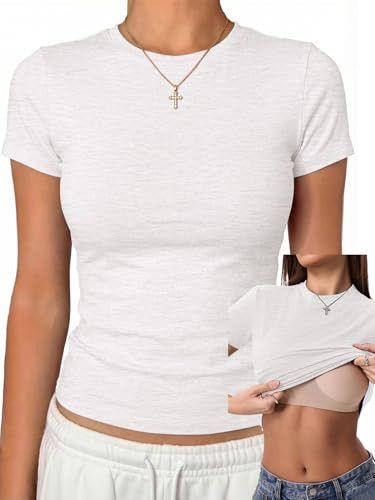 Danysu Basic Tops for Women with Built in Bra Cotton Jersey Short Sleeve T-Shirts Slim Fit Cute Gym Summer Clothes Light Grey Medium | Amazon (US)