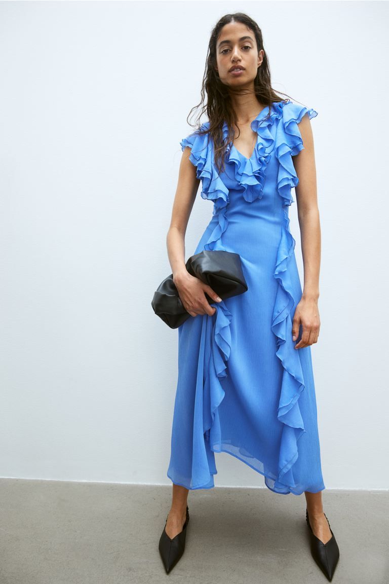 Flounced Chiffon Dress - V-neck - Sleeveless - Blue - Ladies | H&M US | H&M (US + CA)