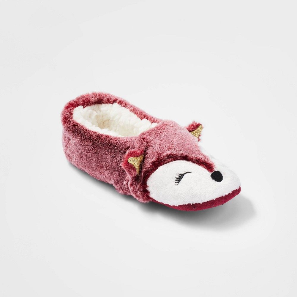 Women's Fox Faux Fur Pull-On Slipper Socks - Burgundy S/M, Red | Target