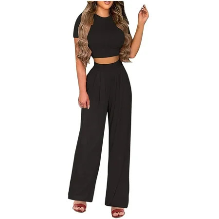 RQYYD Reduced Casual Summer 2 Piece Outfits for Women Short Sleeve Crop Top High Waist Wide Leg Pant | Walmart (US)
