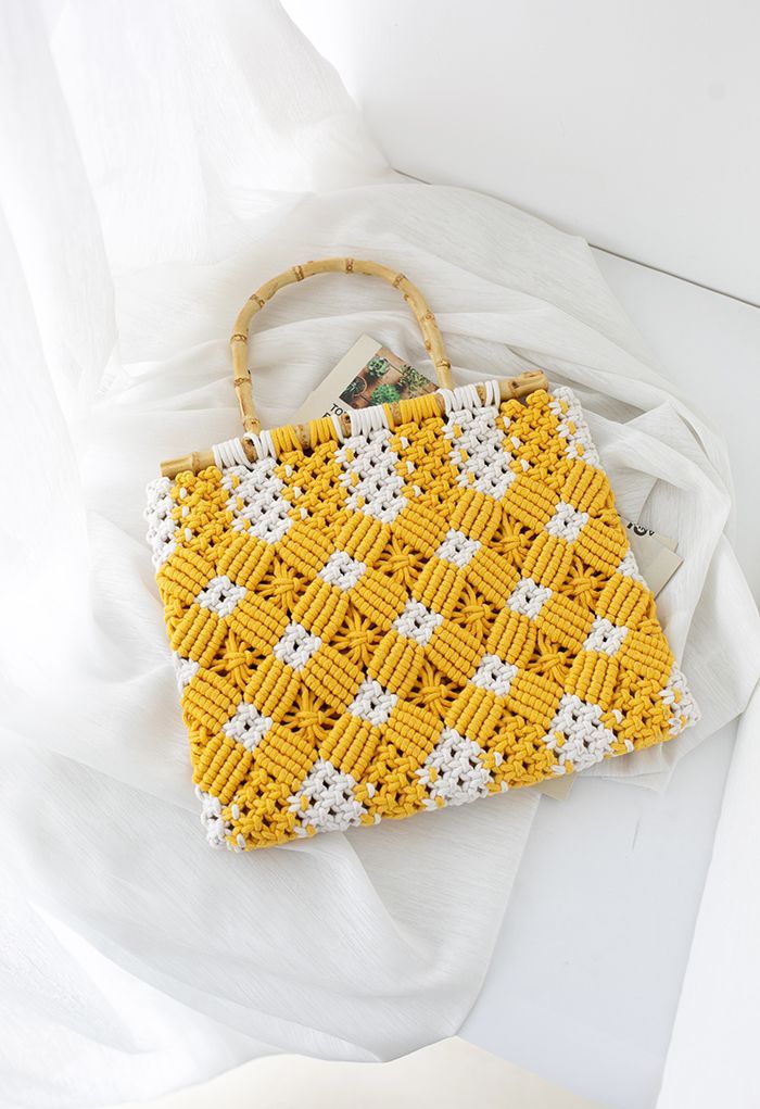 Bamboo Handle Two-Tone Woven Handbag in Yellow | Chicwish