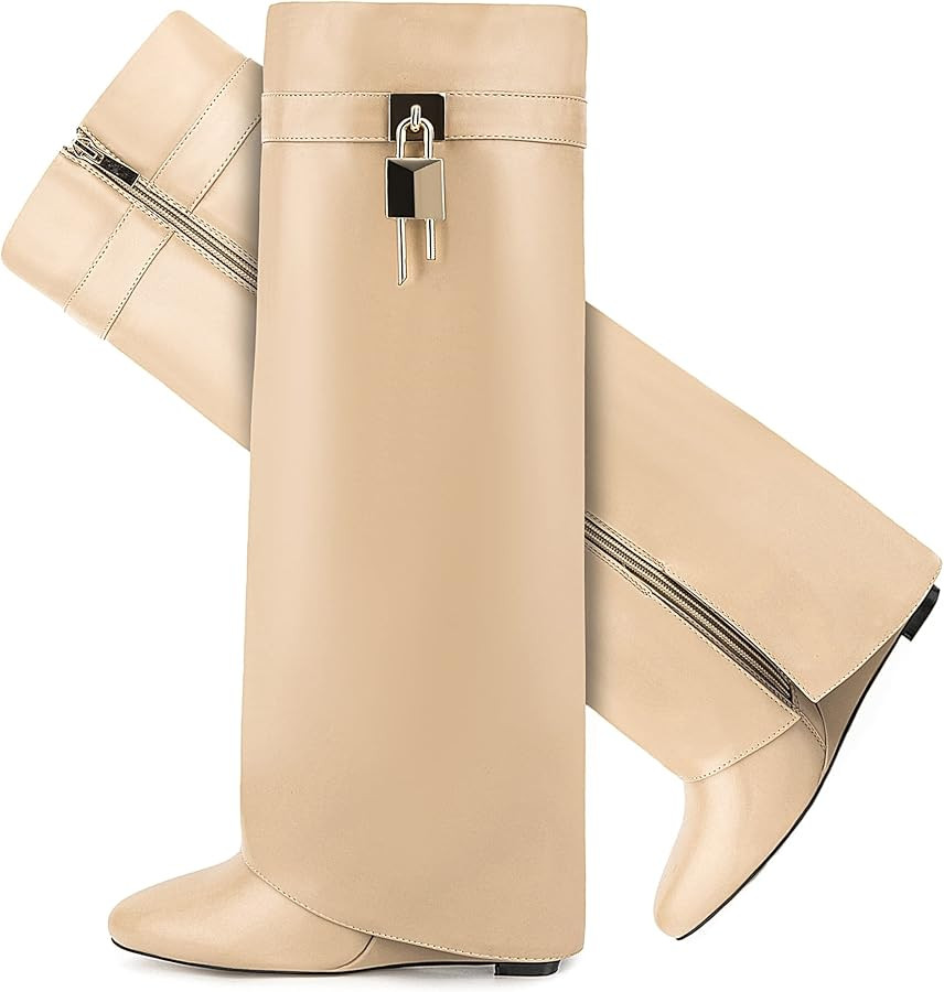 Fold Over Boots for Women Pointy Pull-on Wedge Heel Knee Shark Boot With Side Zipper Padlock Desi... | Amazon (US)