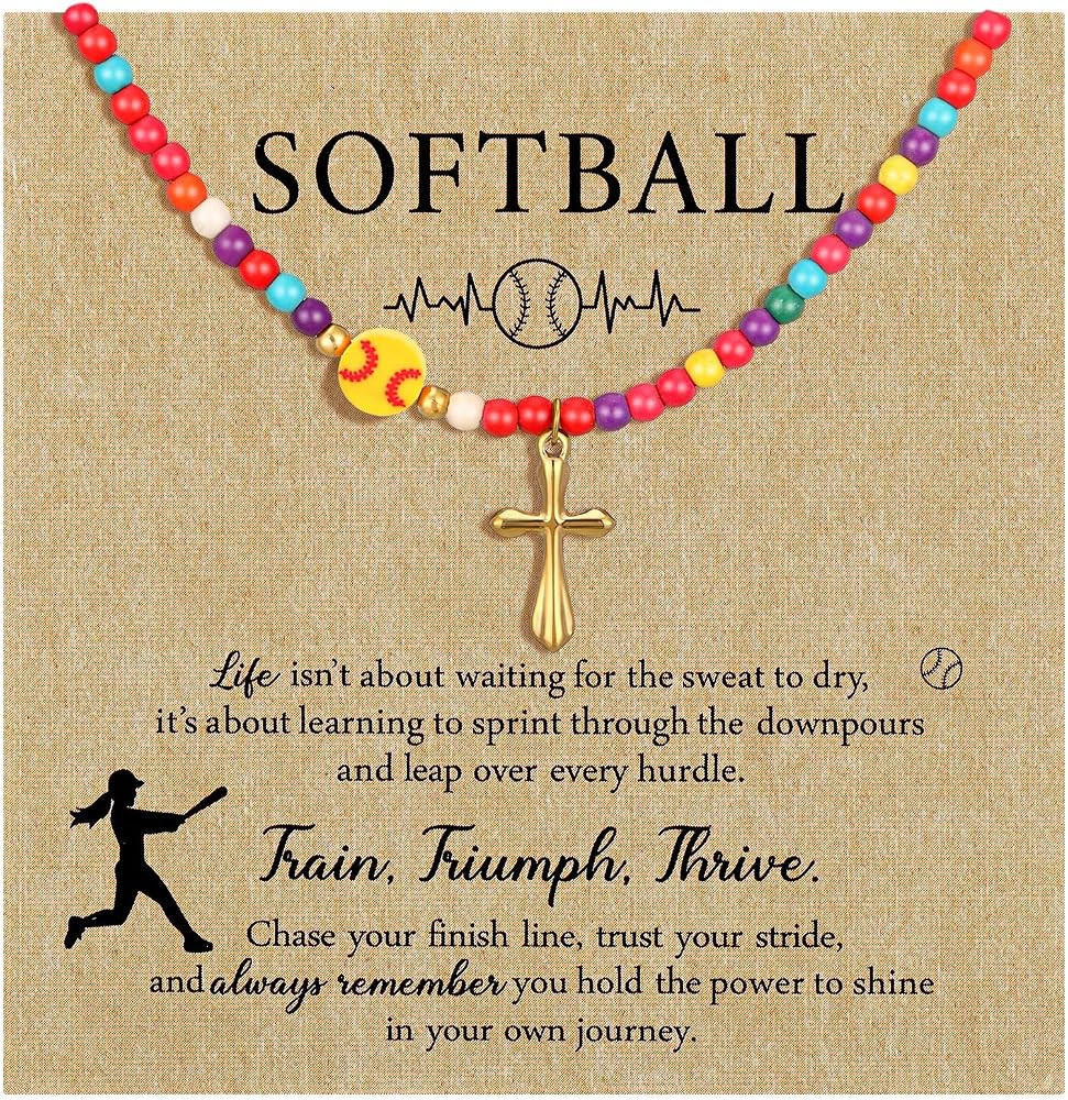 Huquary Soccer Softball Colorful Beaded Necklace Inspirational Necklace for Women Sports Cross wi... | Amazon (US)