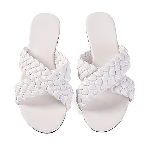 Mtzyoa Women's Woven Crossover Leather Flat Sandals (Weave White, 8) | Amazon (US)
