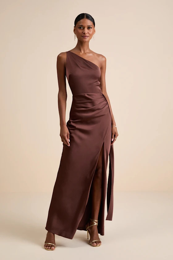 Signature Elegance Chocolate Brown Satin One-Shoulder Maxi Dress | Lulus