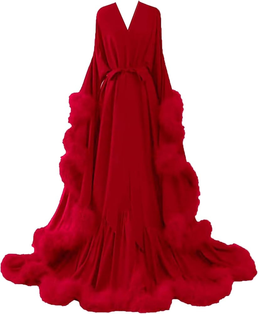 yinyyinhs Womens Sexy Feather Bridal Robes Silk Satin Long Nightgown Bathrobe Sleepwear Maternity... | Amazon (US)