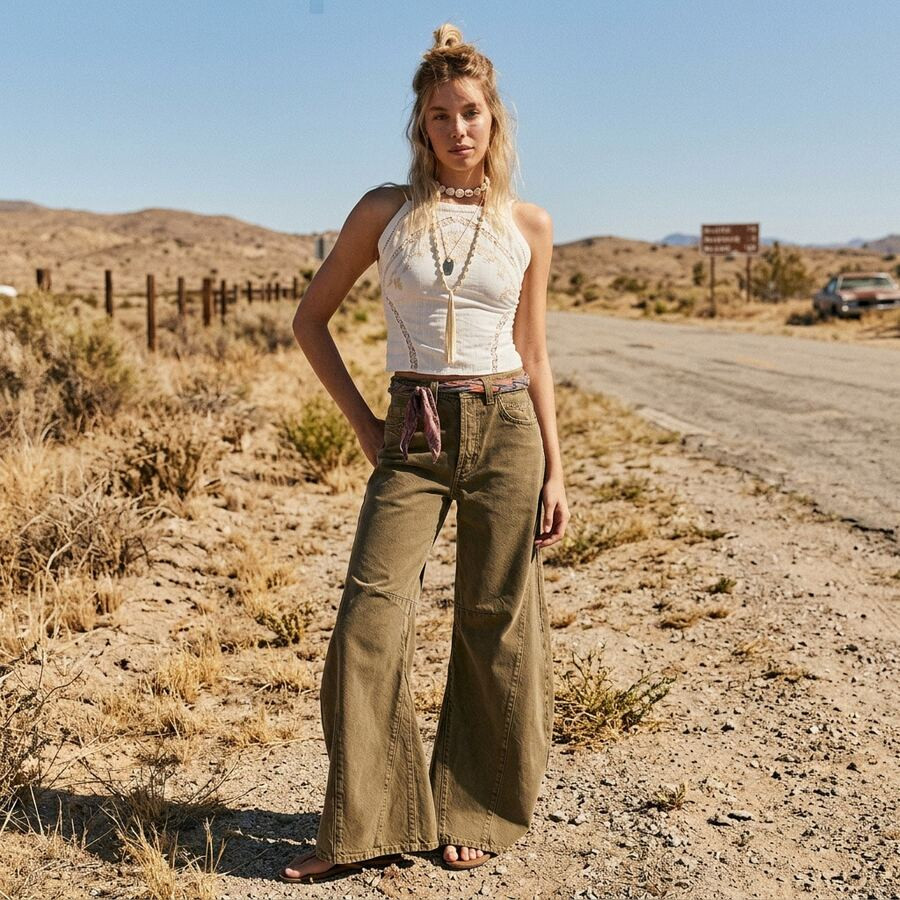 Jeans For Women,Women Olive Green Raw Hem Wide Leg Cargo Pants, High Waist Distressed Edge Loose Flare Casual Outdoor Boho Trousers | SHEIN