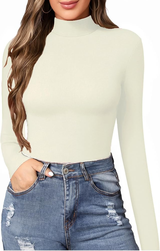 MANGOPOP Women's Mock Turtle Neck Slim Fit Long Half Short Sleeve T Shirt Tight Tops Tee | Amazon (US)
