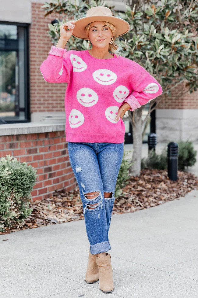 Choose To Be Happy Pink Smiley Print Sweater | Pink Lily