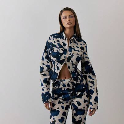 Double Zip Cinched Waist Long Sleeve Cow Print Collared Denim Jacket Spring 90's Y2k Cute Sexy Summer | SHEIN