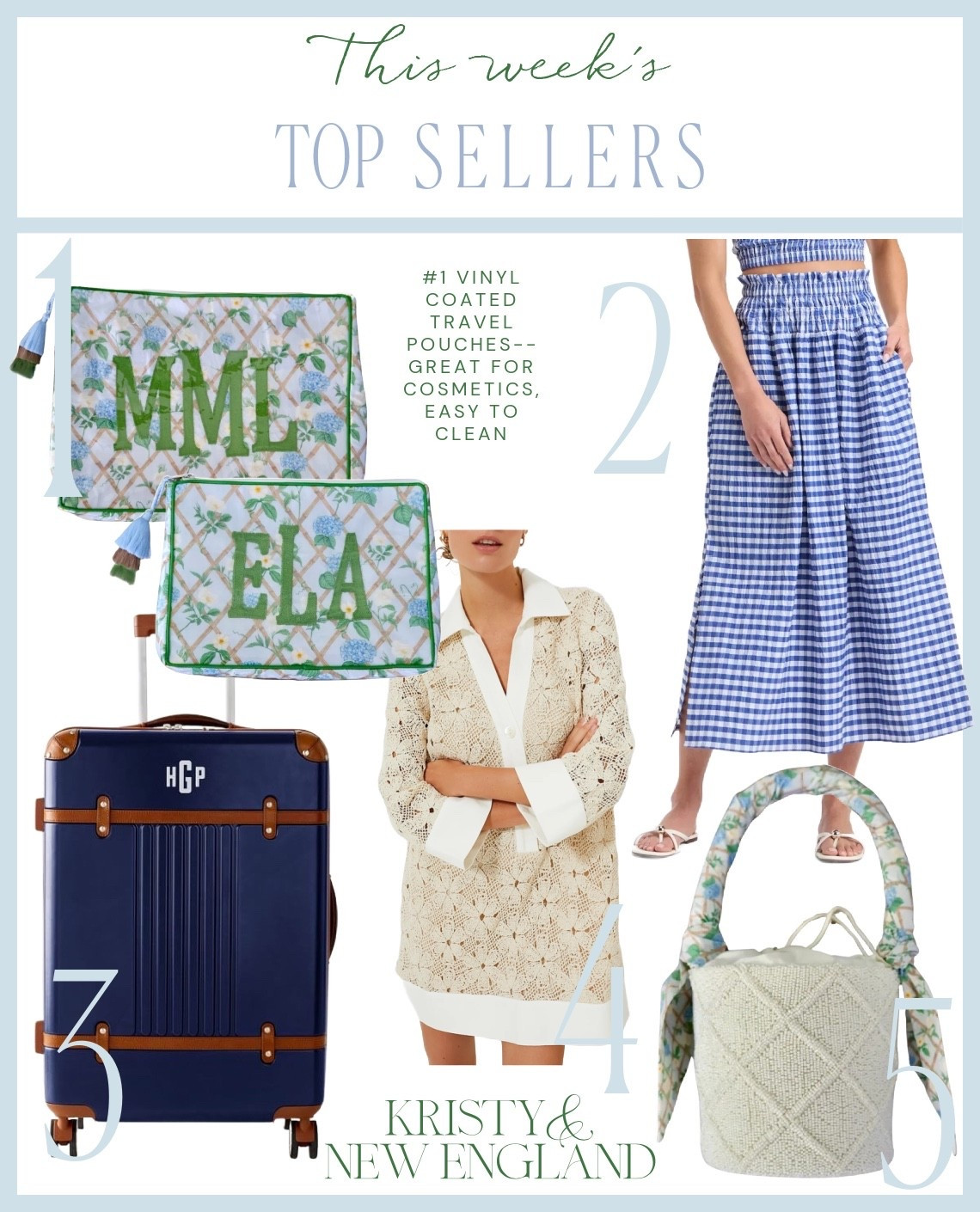 Top Sellers of the Week #1 vinyl coated monogrammed travel pouches #2 blue gingham skirt #3 navy suitcase #4 tan crochet collared dress #5 beaded bucket bag with detachable scarf

#LTKTravel #LTKItBag #LTKOver40