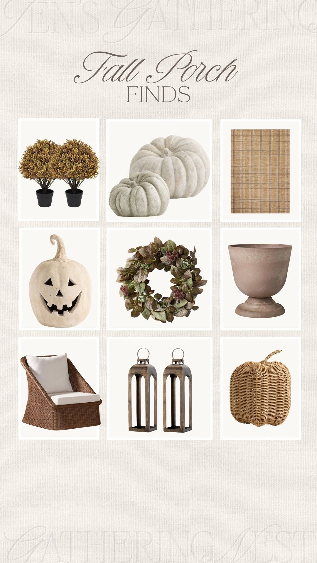 Fall porch finds for a warm and welcoming entrance. 🍂 Layered textures, glowing lanterns, a seasonal wreath and woven accents bring the prettiest elevated autumn look to your front door.

#fallporchfinds #fallporchdecor #frontporchinspo #autumnhome #seasonaldecor #fallwreath #outdoorlanterns #wovenpumpkin #cozyentrance #affordabledecor #wayfair #targethome #crateandbarrel

#LTKSeasonal #LTKHome