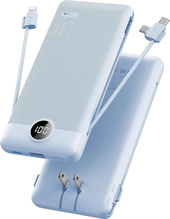VRURC Portable Charger Built-in Cables and AC Wall Plug, USB C Power Bank 10000mAh, Travel Essent... | Amazon (US)