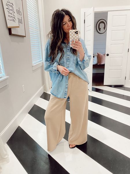 Wearing xs in these wide leg sweatpants. They run big! Size down. 
Sized up to a medium in chambray button up
Gucci slides true to size

Spring outfit