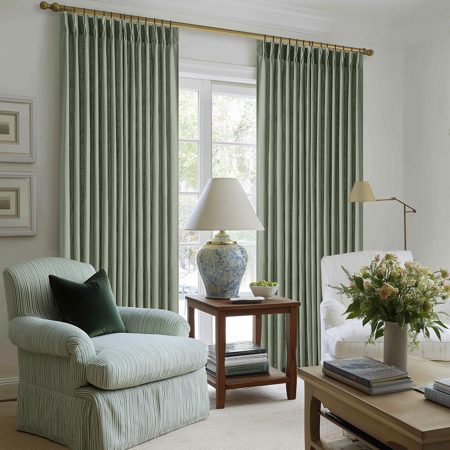 Green Linen Curtains 108 Inches Long 2 Panels Set for Living Room Farmhouse Boho Linen Textured P... | Amazon (US)
