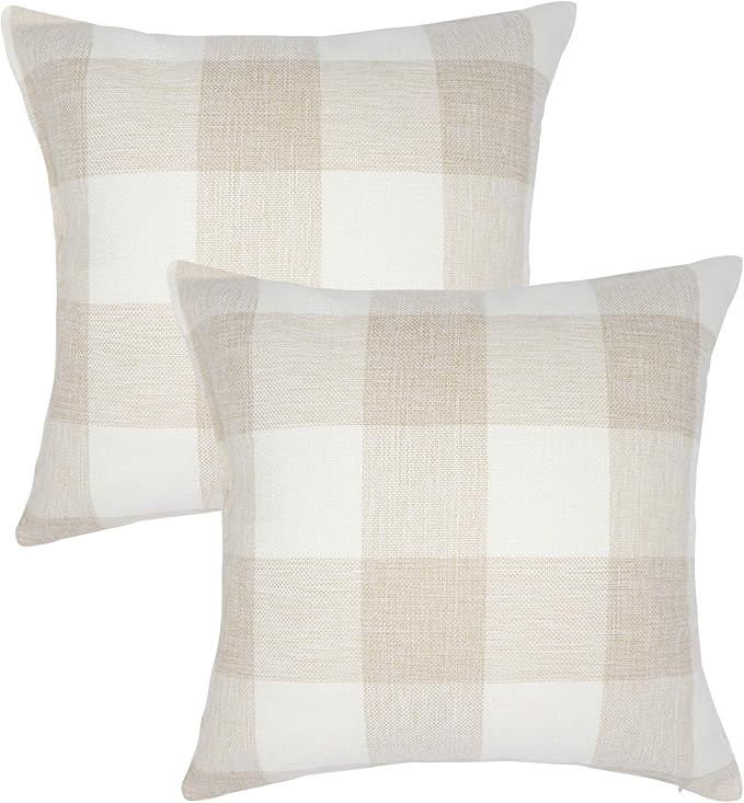 NAVIBULE Set of 2 Farmhouse Beige and White Buffalo Check Plaid Throw Pillow Covers, Cotton Linen... | Amazon (US)
