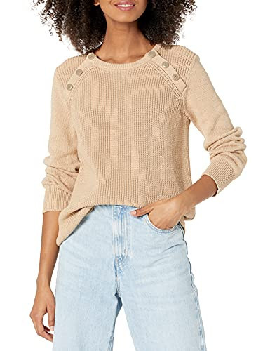 Cable Stitch Women's Raglan Long Sleeve Shaker Stitch Pullover Sweater - Fisherman Rib Knit Crewneck Cotton Top (Small, Marled Camel) | Amazon (US)