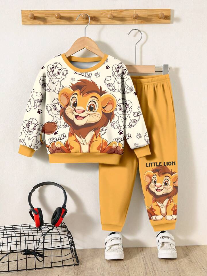 SHEIN Conjunto Casual De Suéter De Malha Solta Com Gola Careca E Shorts Com Estampa De Leão Cartoon Para Menino Bebê | SHEIN