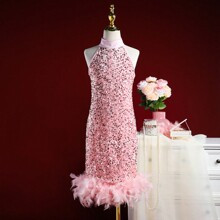 Tween Girls Glamorous Shiny Feather Patchwork Formal Dress Suitable For Performances Weddings Parties And Birthdays All Year Round | SHEIN