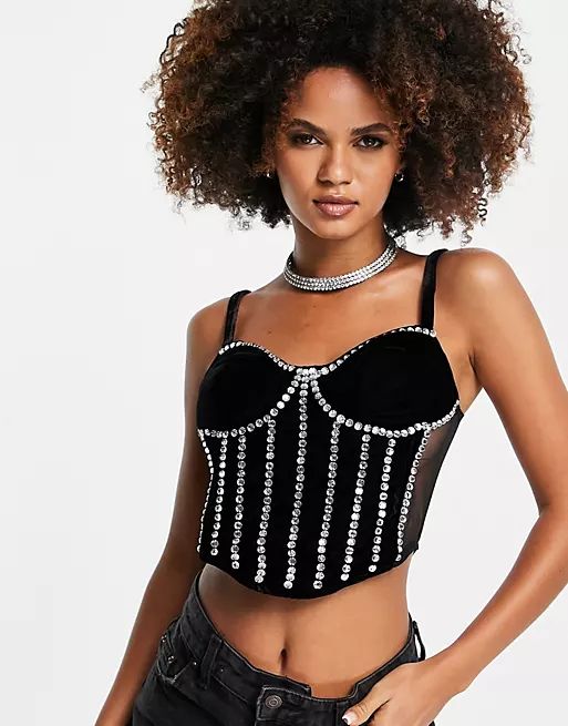 Starlet exclusive embellished corset top in black and silver | ASOS (Global)