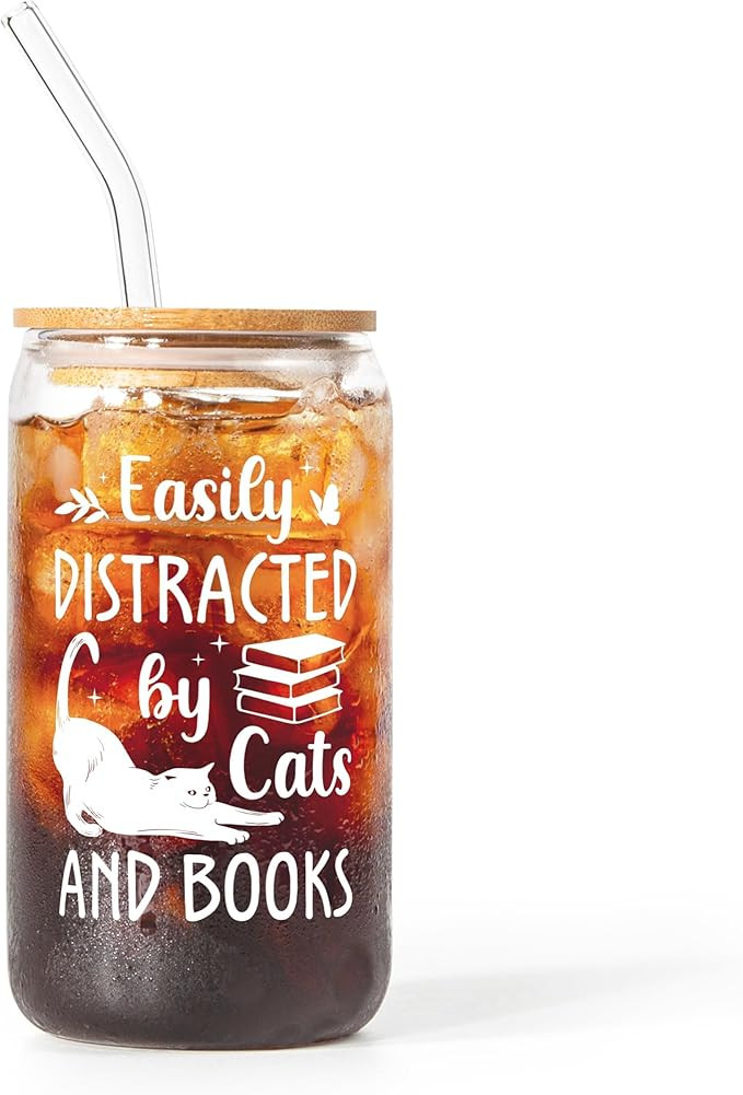 BeneCharm Cat Book Lovers Gifts - 16oz Glass Cups with Lid & Straw for Readers, Bookworm, Cat Lov... | Amazon (US)