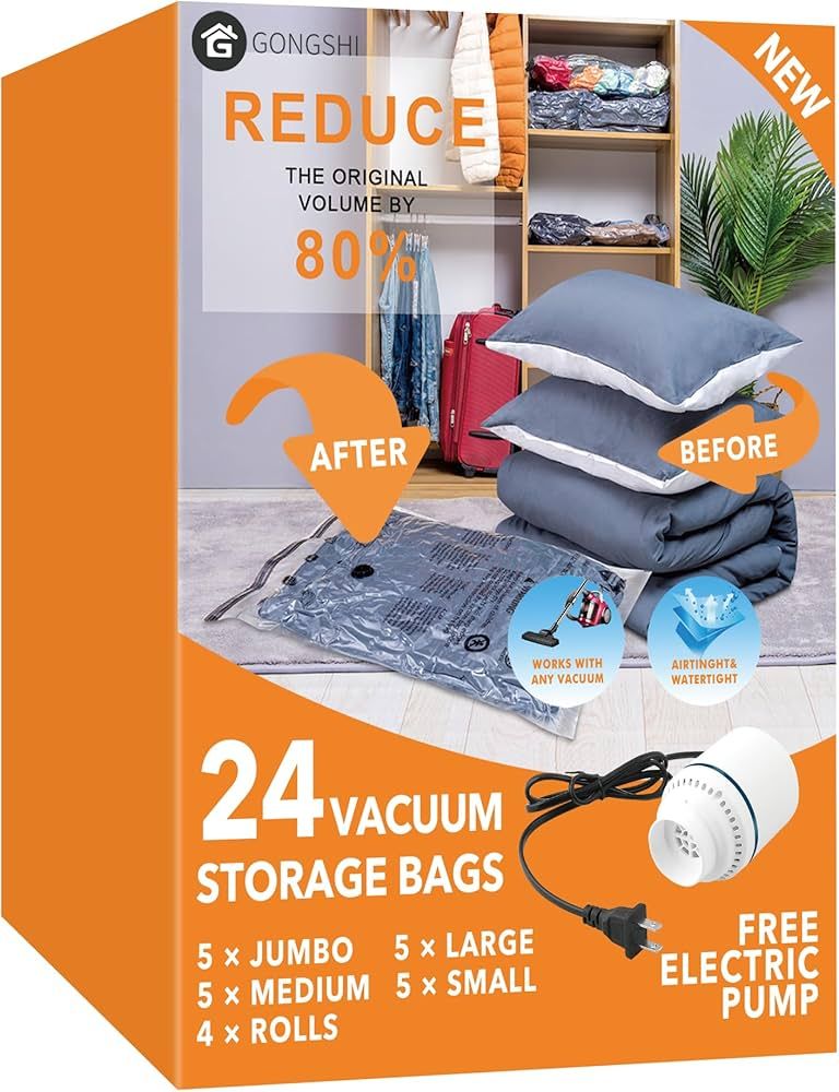 24 Pack Vacuum Storage Bags with Electric Pump, (5 Jumbo, 5 Large, 5 Medium, 5 Small, 4 Roll Up B... | Amazon (US)