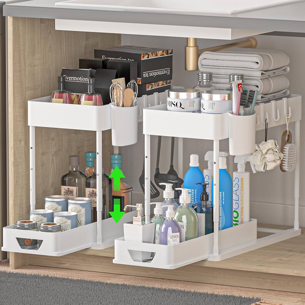 HI NINGER 2 Pack Adjustable Height Under Sink Organizers and Storage, 2Tier Bathroom Organizer Un... | Amazon (US)