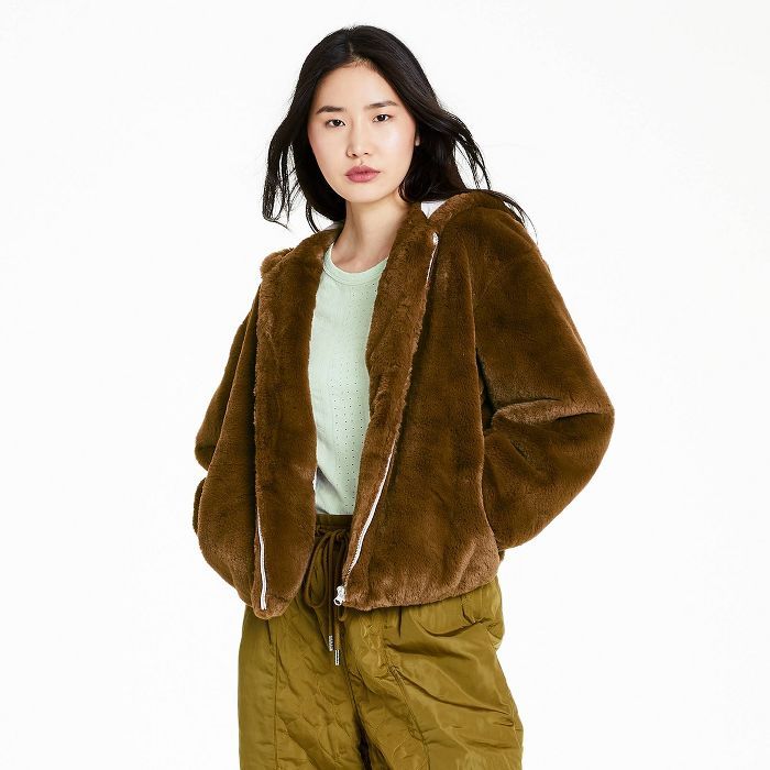 Women's Mink Zip-Up Faux Fur Hooded Jacket - Sandy Liang x Target Brown | Target