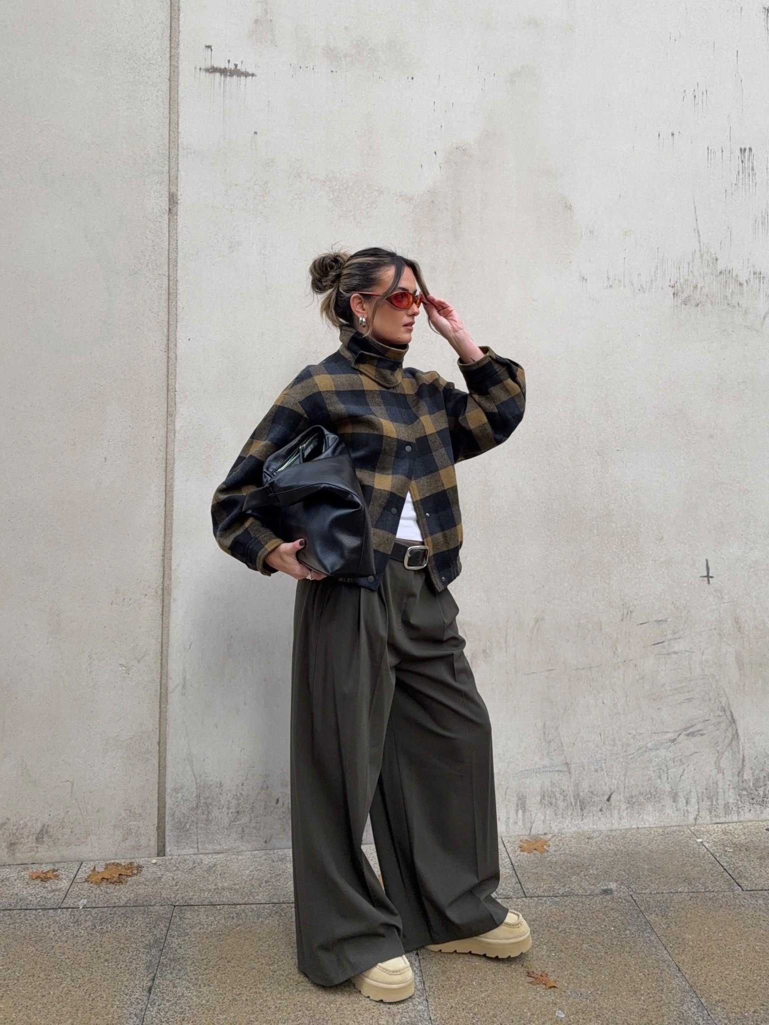 Check jacket, bomber jacket, funnel neck, wide leg trousers, Clark’s wallabees, Oakley sunglasses 

#LTKuk #LTKwinter #LTKautumn