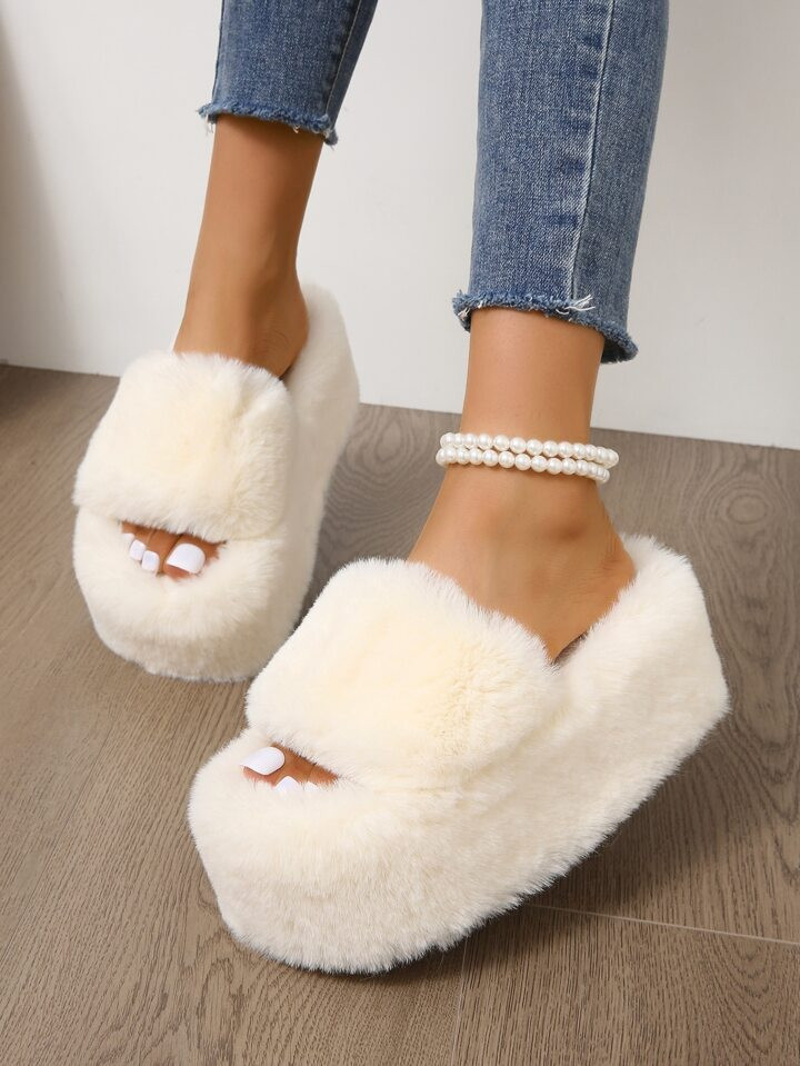 Women's Open Toe Slip-On Furry High Heel House Slippers, Fashionable | SHEIN