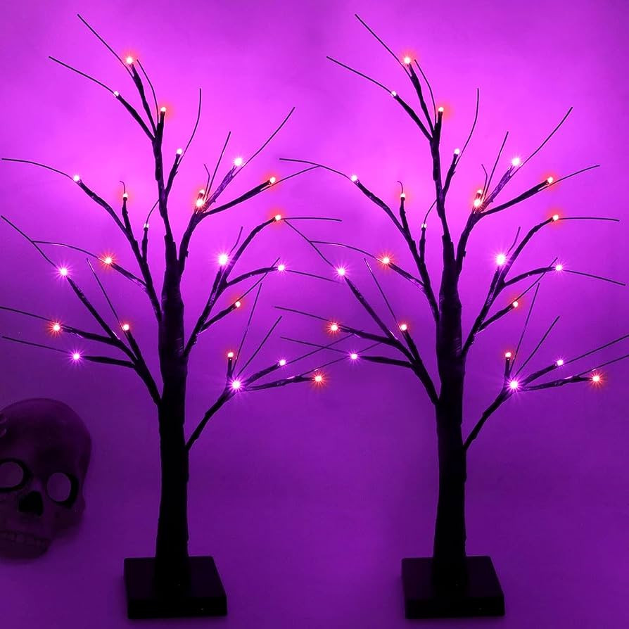Halloween Decorations Indoor, 2-Pack 2FT Lighted Black Halloween Tree with 48 LED Orange & Purple... | Amazon (US)