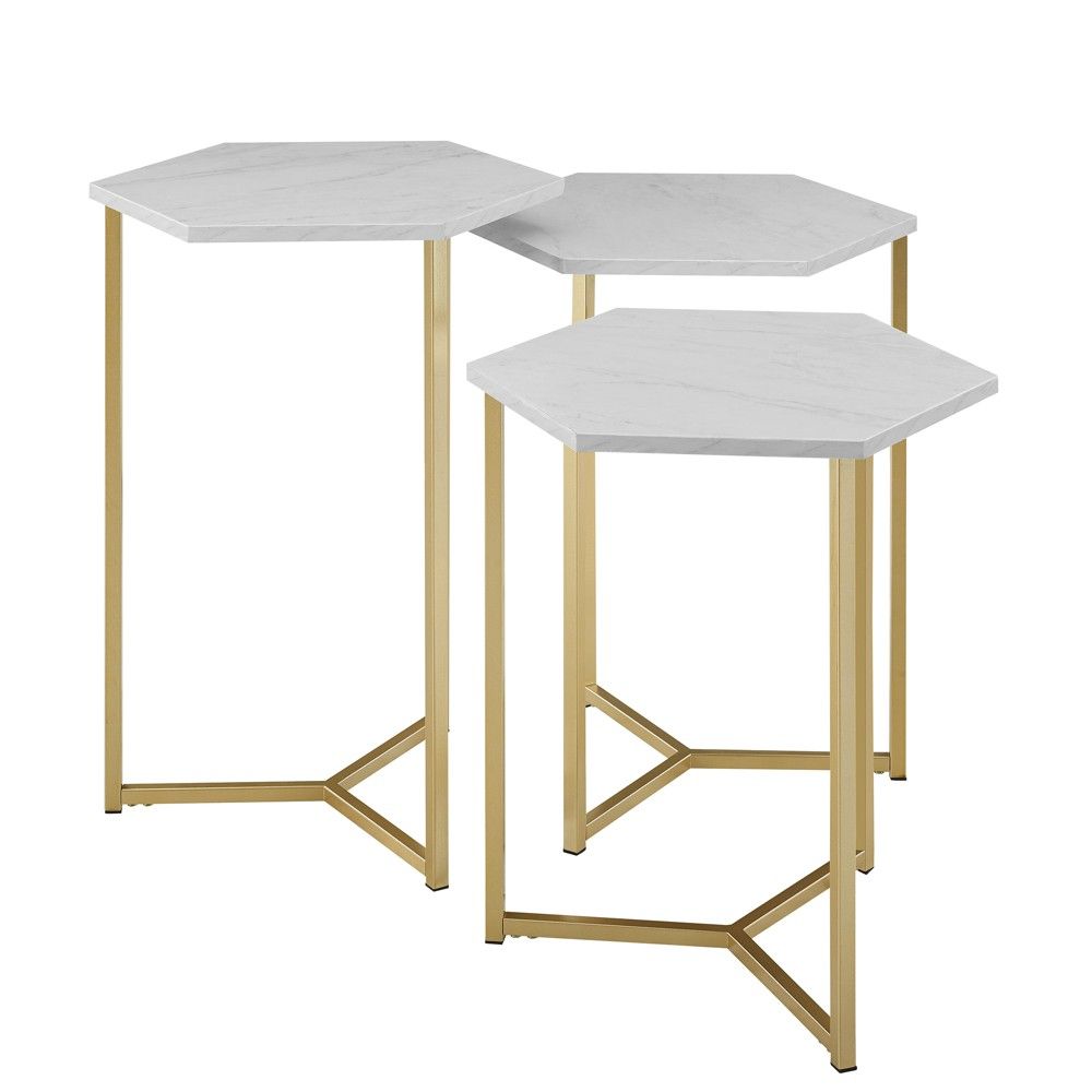 Set of 3 Glam Hexagon Geometric Nesting Accent Tables Faux White Marble/Gold - Saracina Home | Target