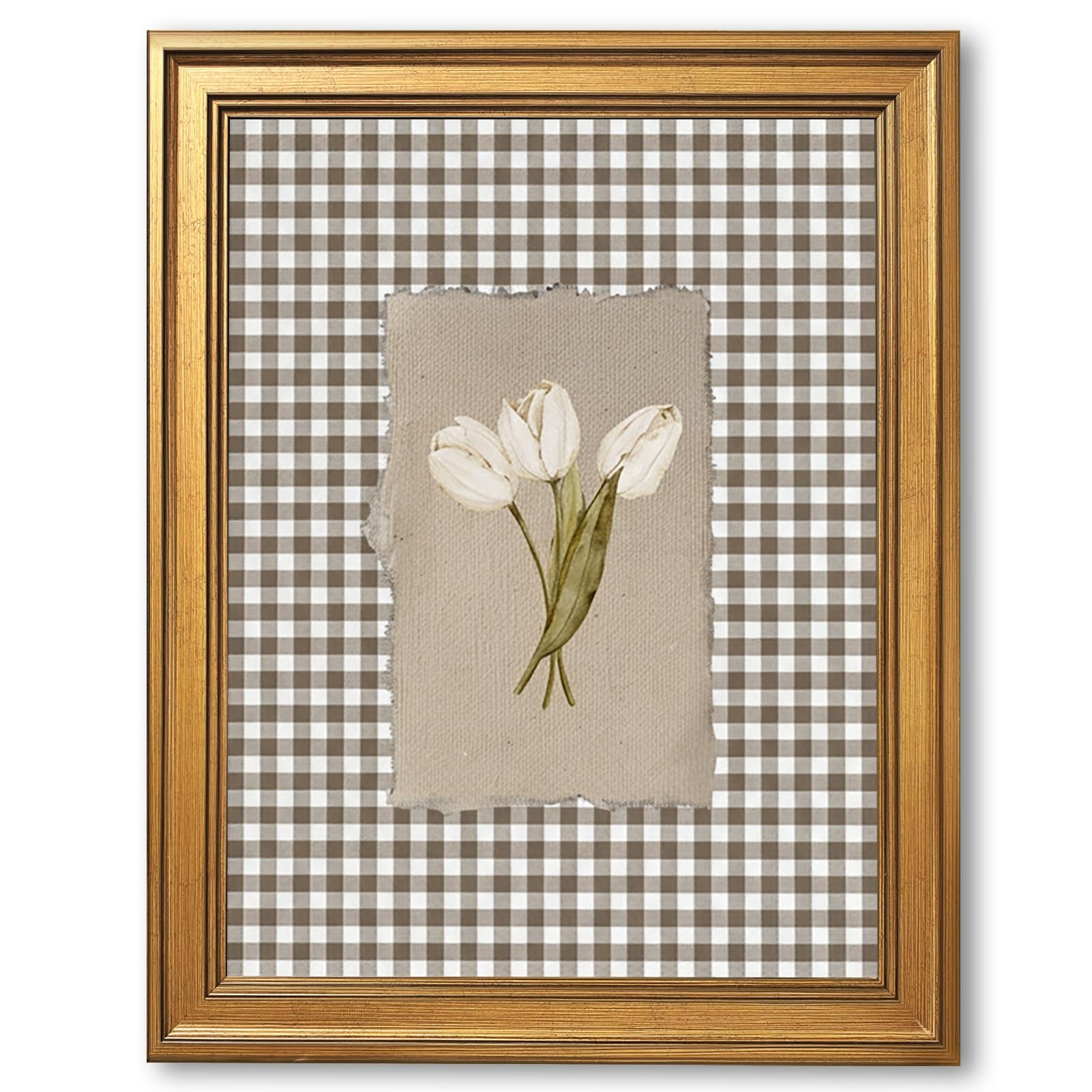 Gold Framed White Tulips Vintage Floral Wall Art Painting Brown Gingham Botanical Print Rustic Fa... | Amazon (US)