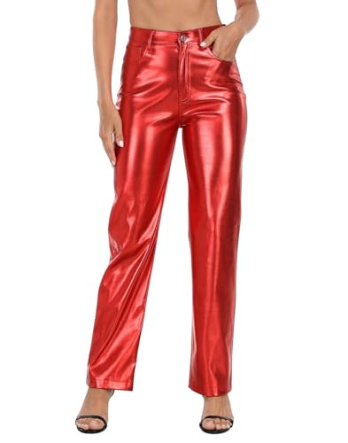HDE Women's Metallic Faux Leather Pants High Waisted Straight Leg Pockets | Amazon (US)
