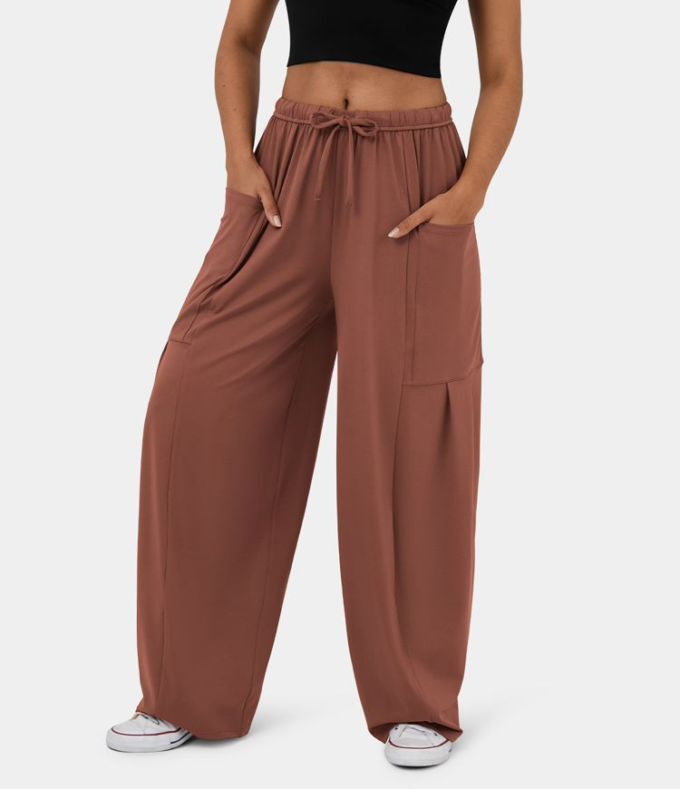 Mid Rise Elastic Waistband Drawstring Side Pocket Palazzo Flowy Wide Leg Casual Pants | HALARA