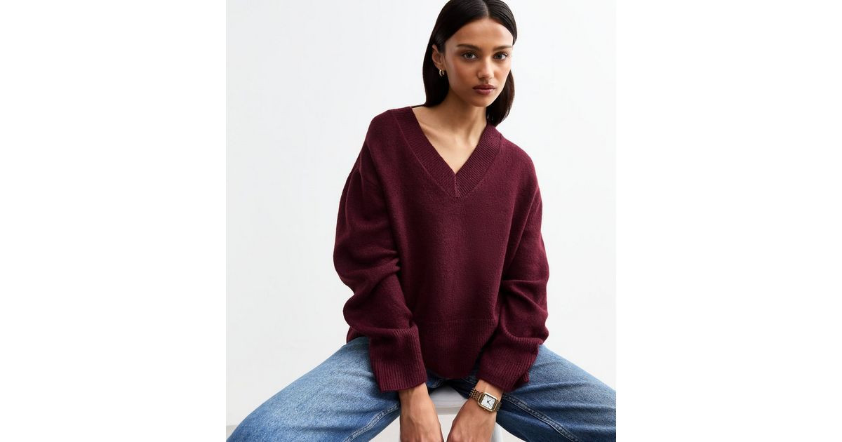 Burgundy Wide V Neck Knit Jumper | New Look | New Look (UK)