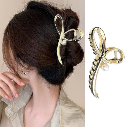1Pcs Large Metal Hair Claw Clip for Women - Gold Bowknot Design with Pearls, Strong Hold for Long Thick Hair, No Slips Jaw Clamp for Hair Styling | Amazon (US)