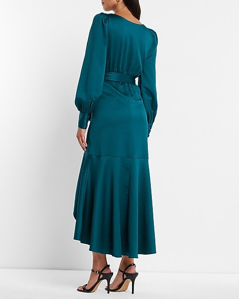 Textured Faux Wrap Ruffle Hi-Lo Maxi Dress | Express