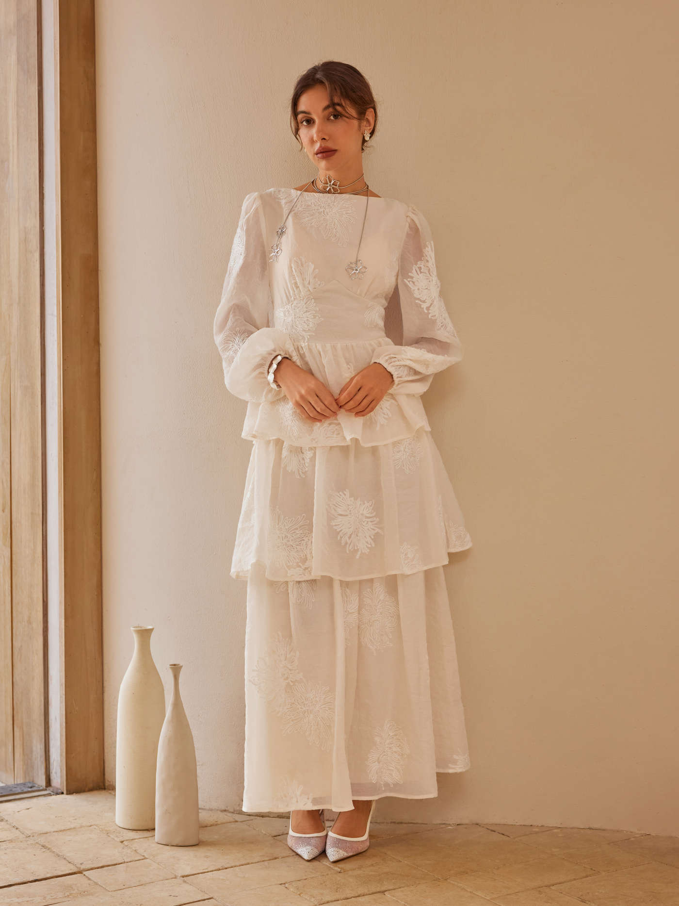 Round Neckline Floral Embroidery Layered Maxi Dress | Cider