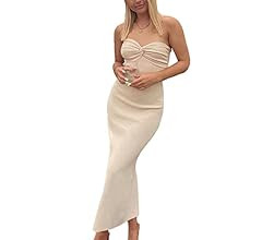 Women Sexy Twist Knot Front Ribbed Knit Bodycon Bandeau Tube Dress Casual Solid Strapless Maxi Lo... | Amazon (US)
