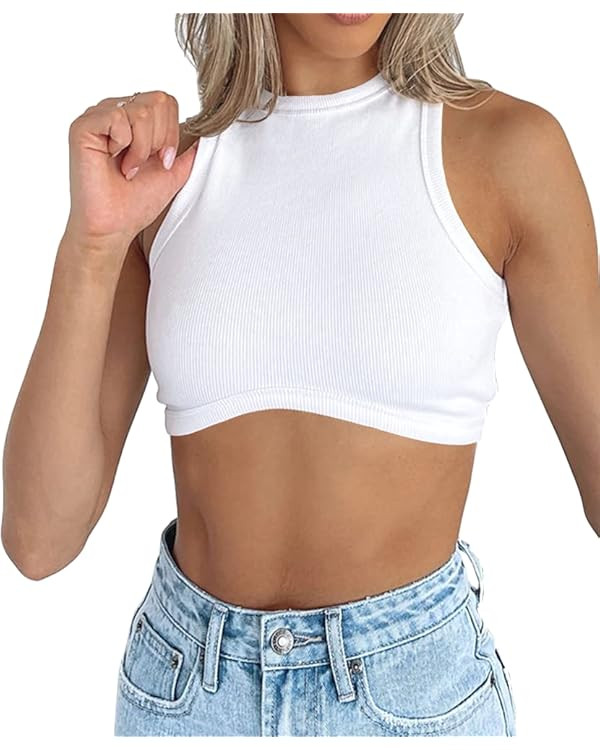 Artfish Womens High Neck Crop Tops Crewneck Ribbed Fitted Sleeveless Corset Bustier Y2K Tanks | Amazon (US)